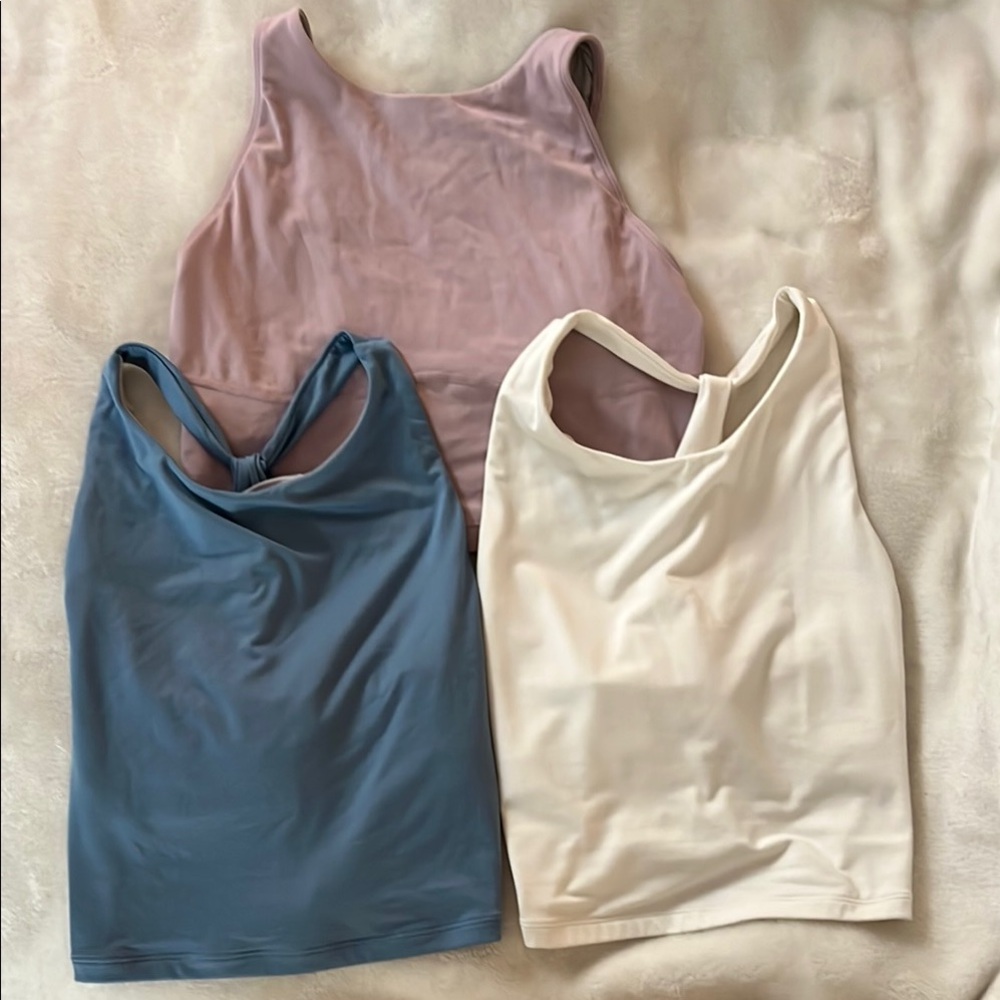 Women's Cropped Workout Tops - Blue, Cream, and Pink